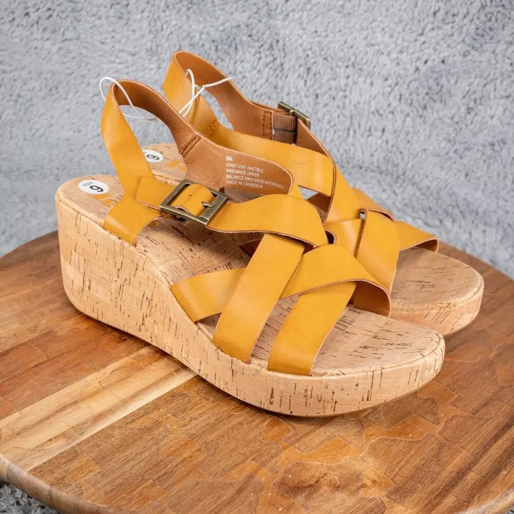 Korks Nova Comfort Platform Cork Wedge Strappy‎ Sandals Yellow Size 9